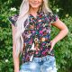 Black Lace Trim Flutter Sleeve Tropical Floral Blouse