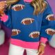 Blue Sequin Rugby Football Color Block Bubble Sleeve Game Day Sweatshirt