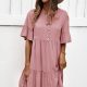 Buttoned Tie Neck Tiered Mini Dress