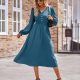 Buttoned V-Neck Flounce Sleeve Midi Dress