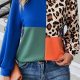 Dark Blue Leopard Print Colorblock Long Sleeve Top