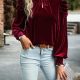 Fiery Red Mock Neck Puff Sleeve Velvet Blouse