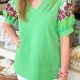 Green Leopard Printed Bubble Sleeve V Neck Blouse